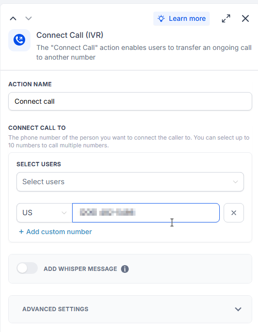 Connect Call action using a concealed custom destination number with whisper message disabled