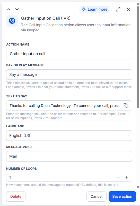 Gather Input on Call greeting configuration with English US, Man voice, and one loop