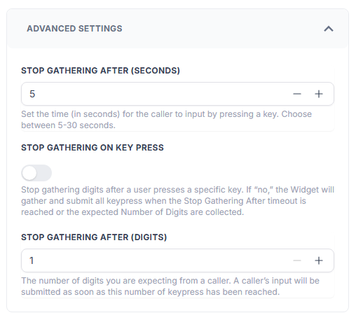 Advanced input settings: five seconds, Stop Gathering on Key Press off, and one digit