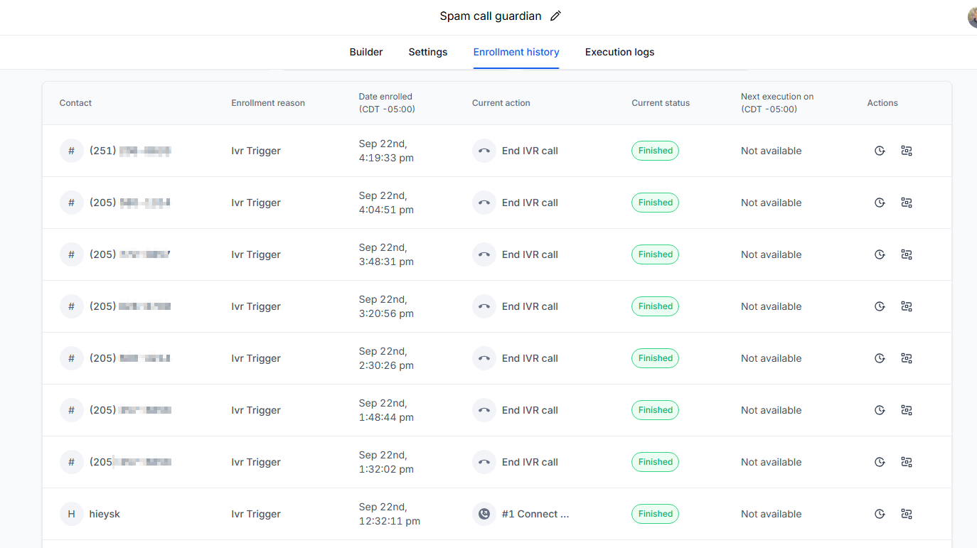 Enrollment history showing one connection test followed by seven End IVR call entries on September 22